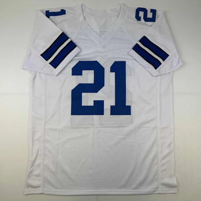 Autographed Deion Sanders Dallas white custom football jersey with blue number 21 and mesh fabric from professional sports league