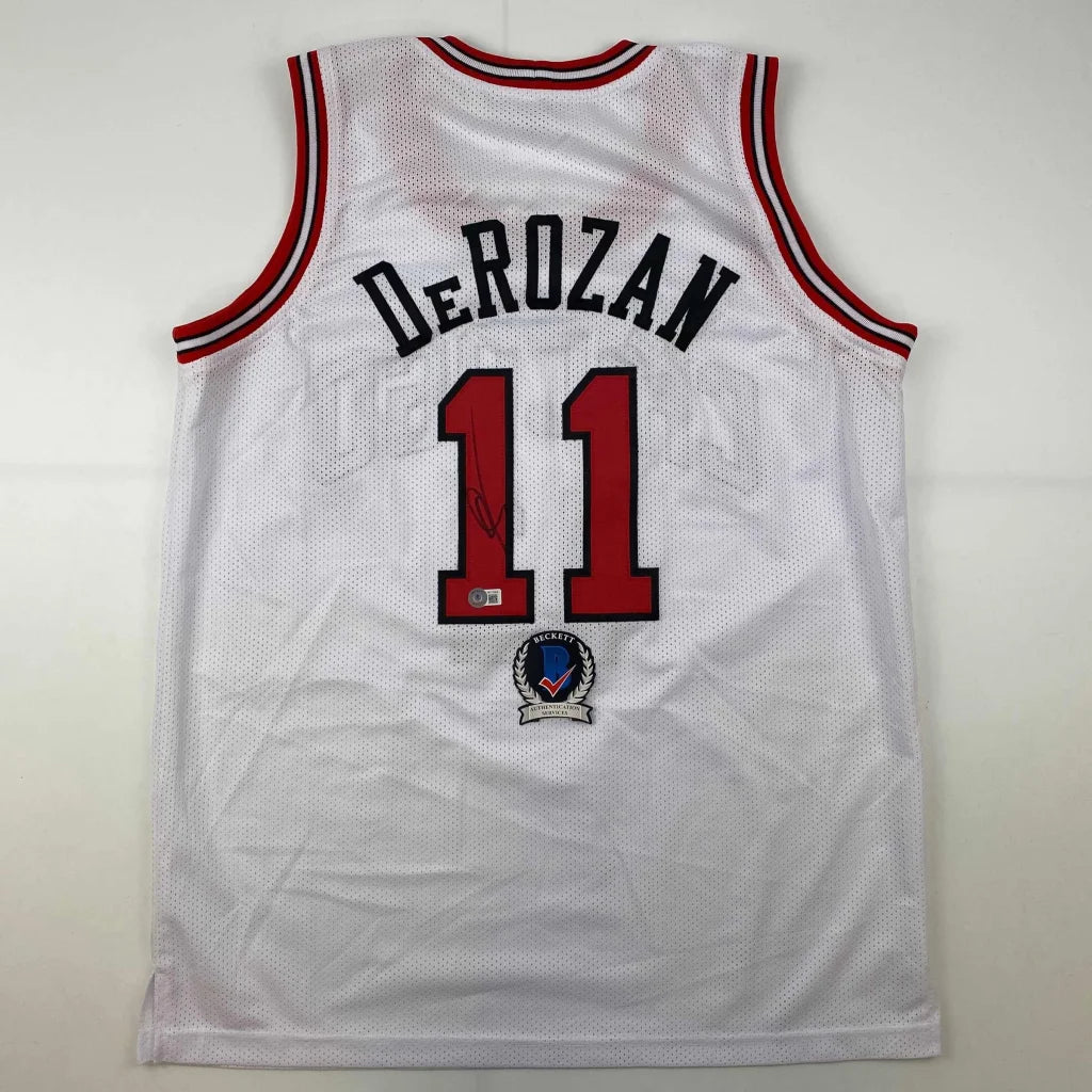 Autographed DeMar DeRozan white mesh custom jersey back, number 11, Beckett COA