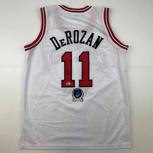 Autographed DeMar DeRozan white mesh custom jersey back, number 11, Beckett COA