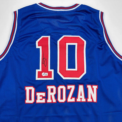 Blue custom jersey with DeRozan autograph, perfect for sports league fans and collectors