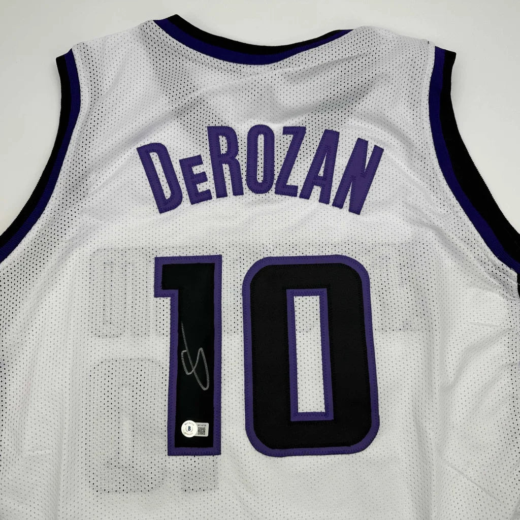 White DeMar DeRozan custom jersey with autograph, perfect for sports league fans