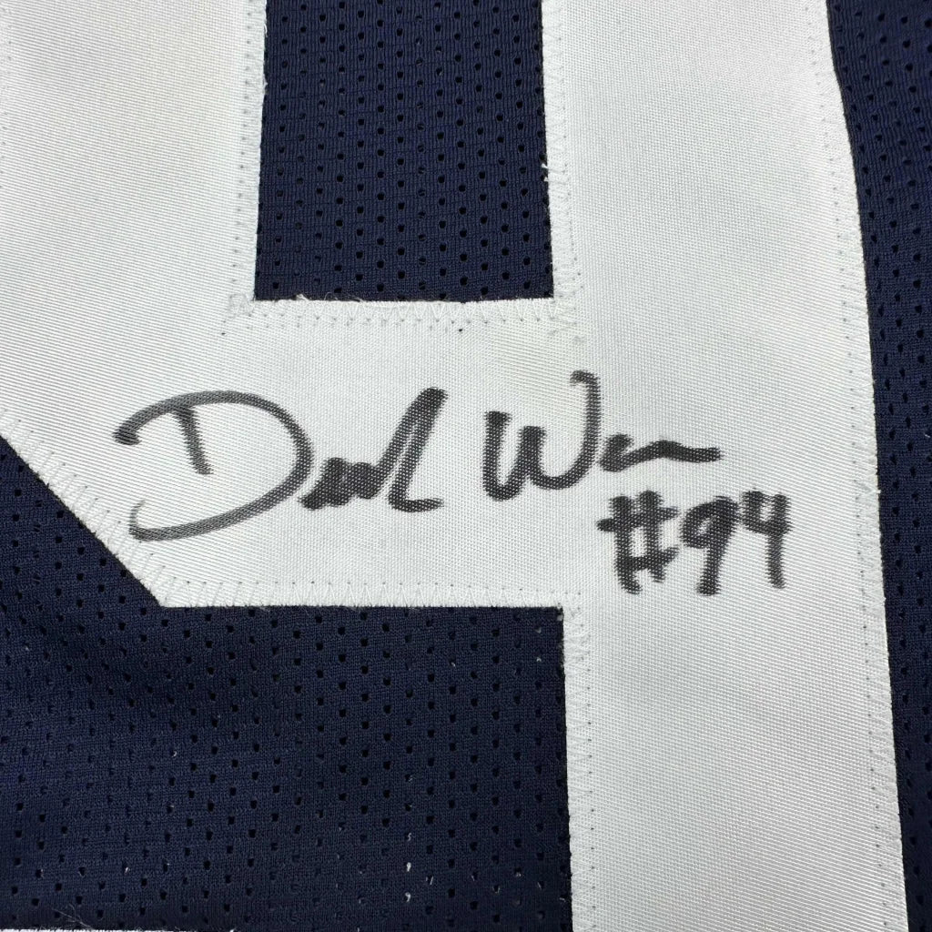Autographed Demarcus Ware Dallas Cowboys custom jersey in navy blue and white, #94 signature, professional sports league