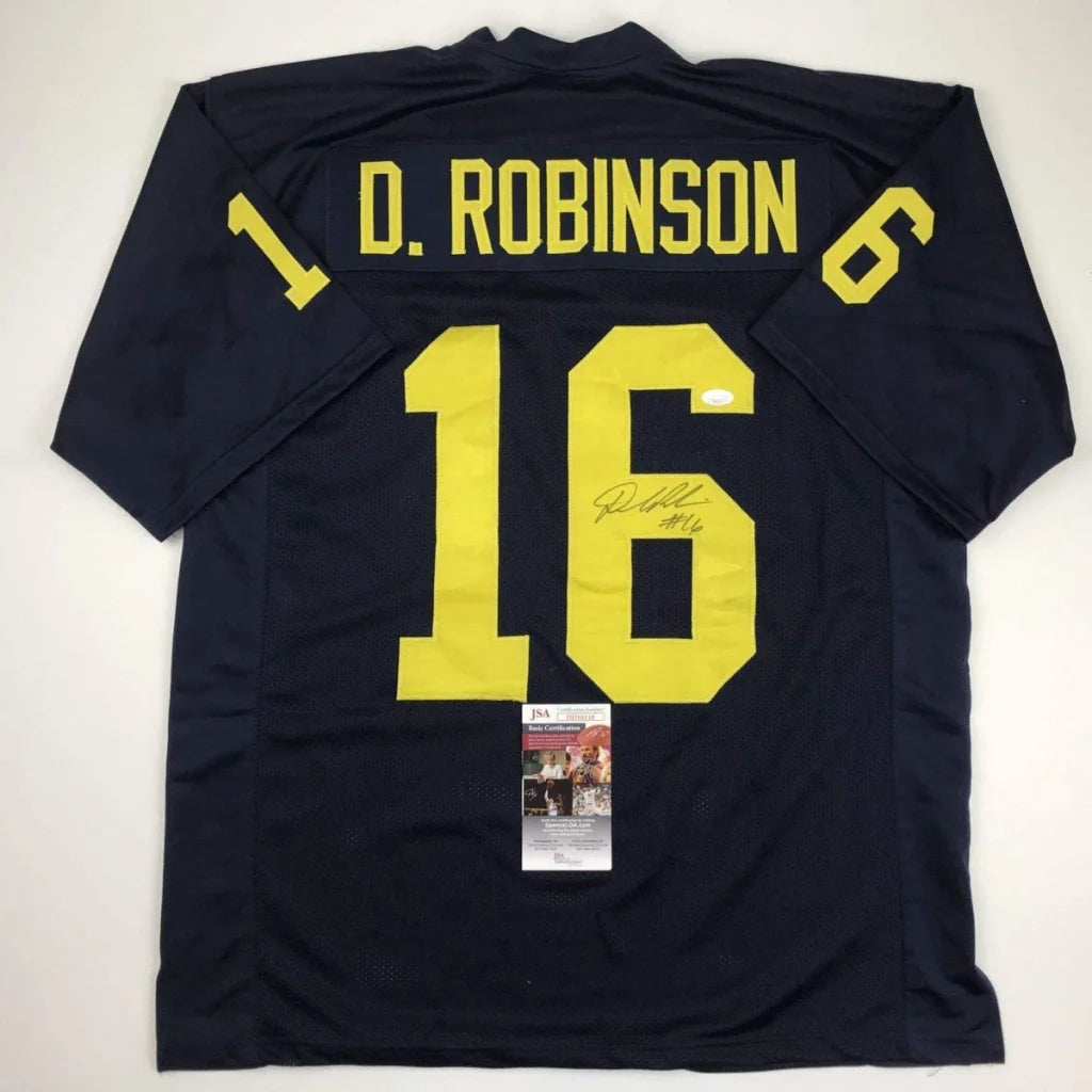 Autographed Denard Robinson Michigan Wolverines custom jersey in navy blue and yellow, JSA COA