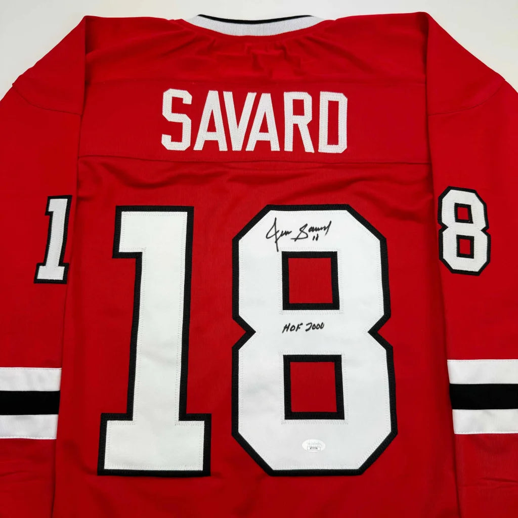 Red Chicago Red Denis Savard HOF signed jersey with JSA COA and autograph detail