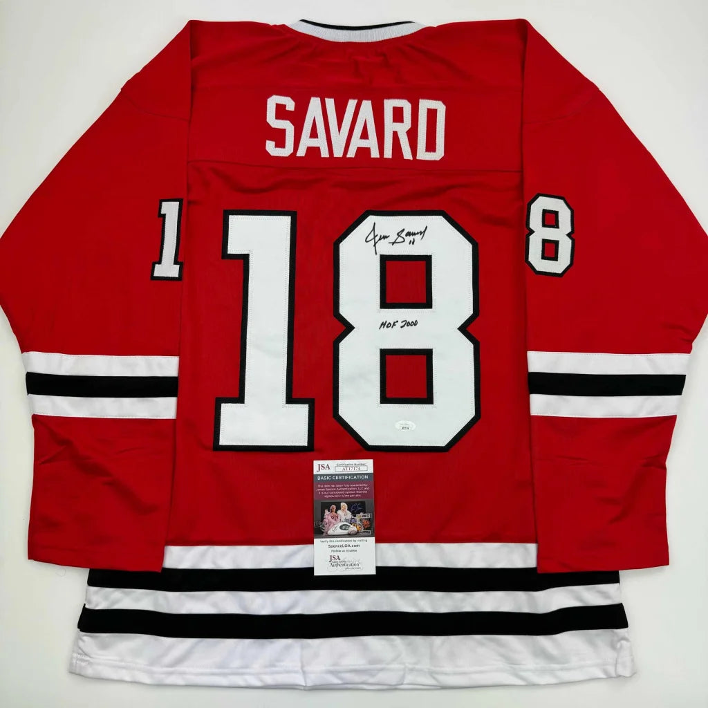Red Chicago Red hockey jersey signed by Denis Savard HOF with JSA COA authentication