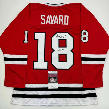 Red Chicago Red hockey jersey signed by Denis Savard HOF with JSA COA authentication