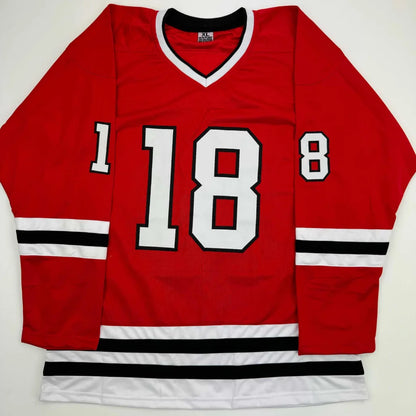 Red Chicago Red hockey jersey with white and black stripes and number 18, signed by Denis Savard HOF with JSA COA