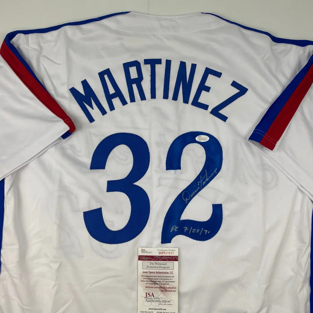 Autographed Dennis Martinez Montreal Expos custom jersey, white with blue lettering, number 32, JSA COA