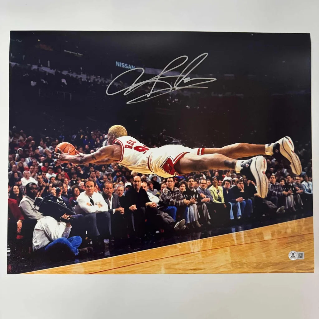 Autographed Dennis Rodman Chicago Bulls mid-air basketball photo