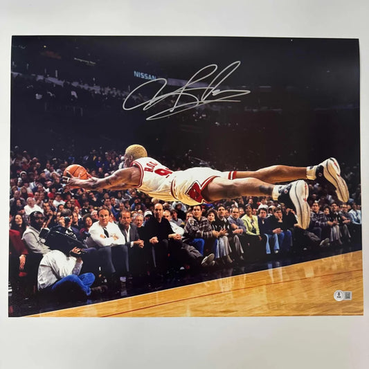 Autographed Dennis Rodman Chicago Bulls mid-air basketball photo