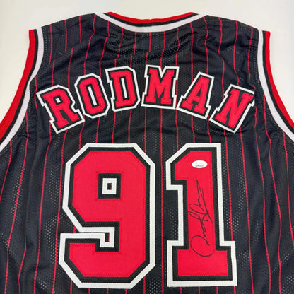 Autographed Dennis Rodman Chicago Pinstripe Basketball Jersey Beckett BAS COA | Certified Authentic Signed Memorabilia | vintageantiquesgifts.com