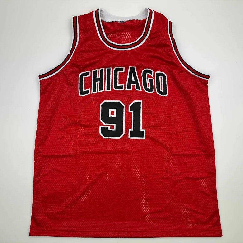 Autographed Dennis Rodman red Chicago Bulls custom jersey, number 91