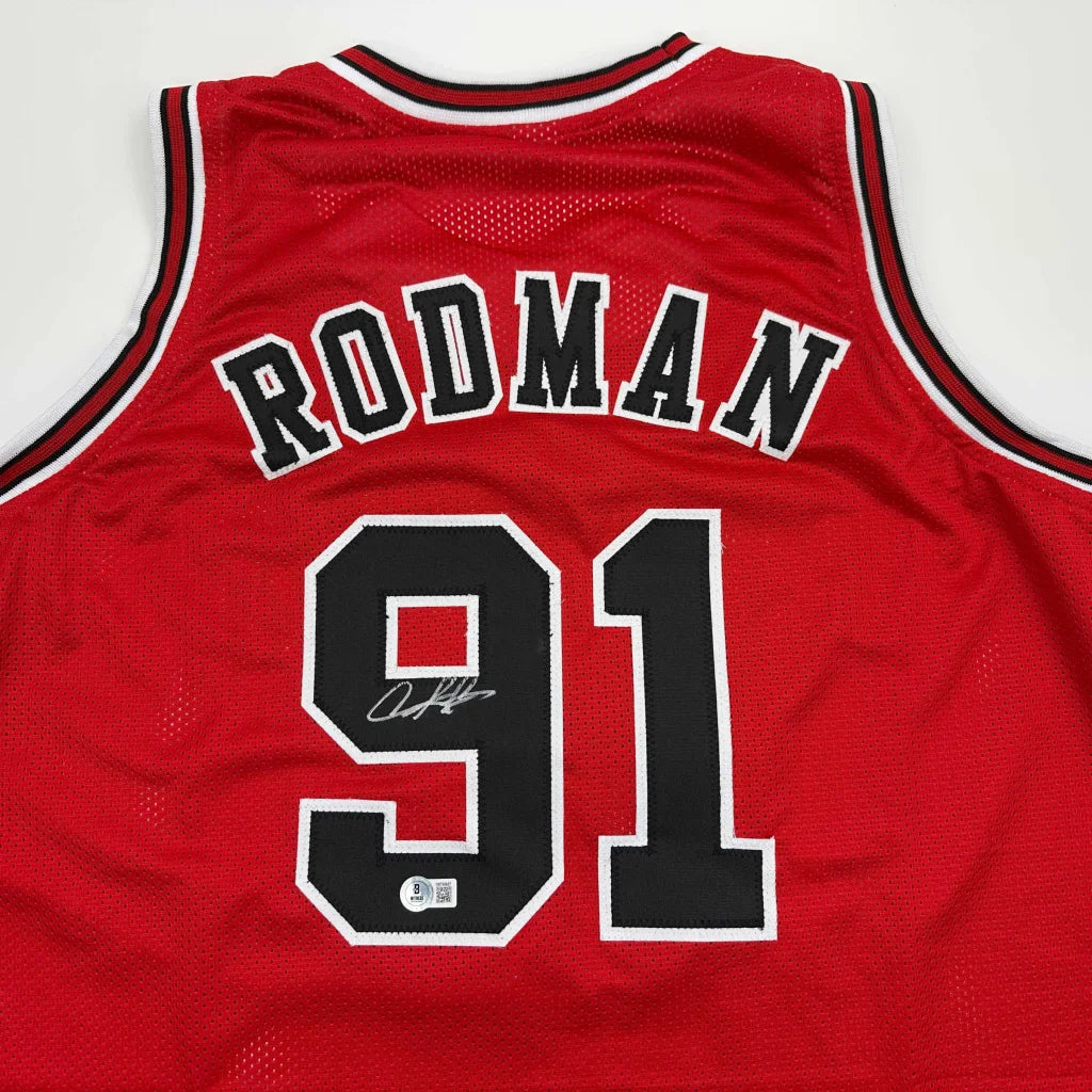 Autographed Dennis Rodman Chicago red custom jersey with Rodman 91, Beckett COA