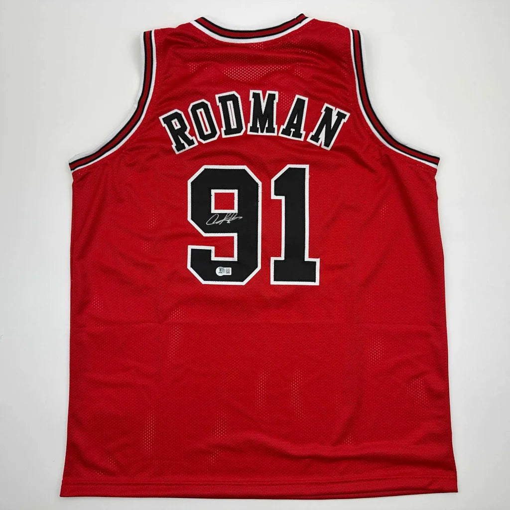 Red custom jersey with RODMAN 91 for professional sports league fans, autographed Dennis Bulls