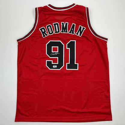 Red custom jersey with RODMAN 91 for professional sports league fans, autographed Dennis Bulls