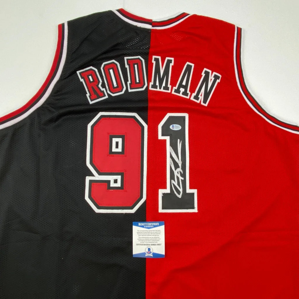 Autographed Dennis Rodman Chicago split red black custom jersey back, 91, Beckett COA