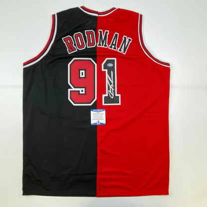 Autographed Dennis Rodman Chicago split red black custom jersey 91
