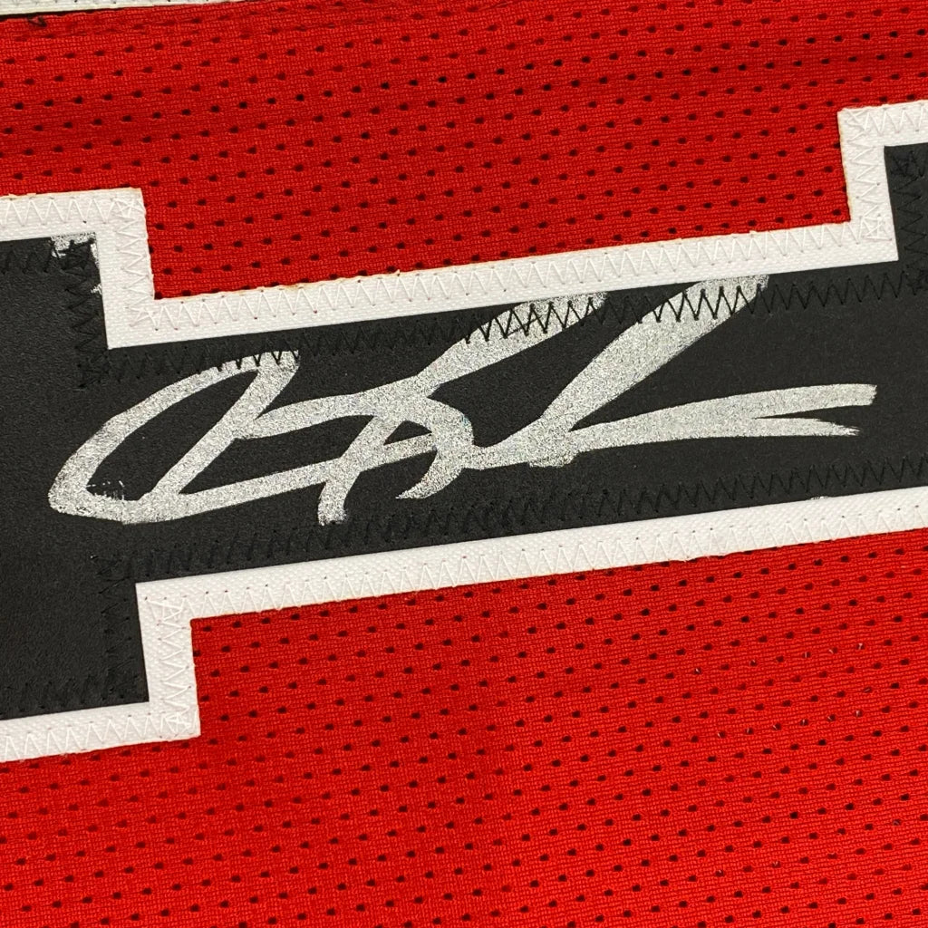 Autographed Dennis Rodman Chicago Bulls custom red mesh jersey with black white stripe signature Beckett COA