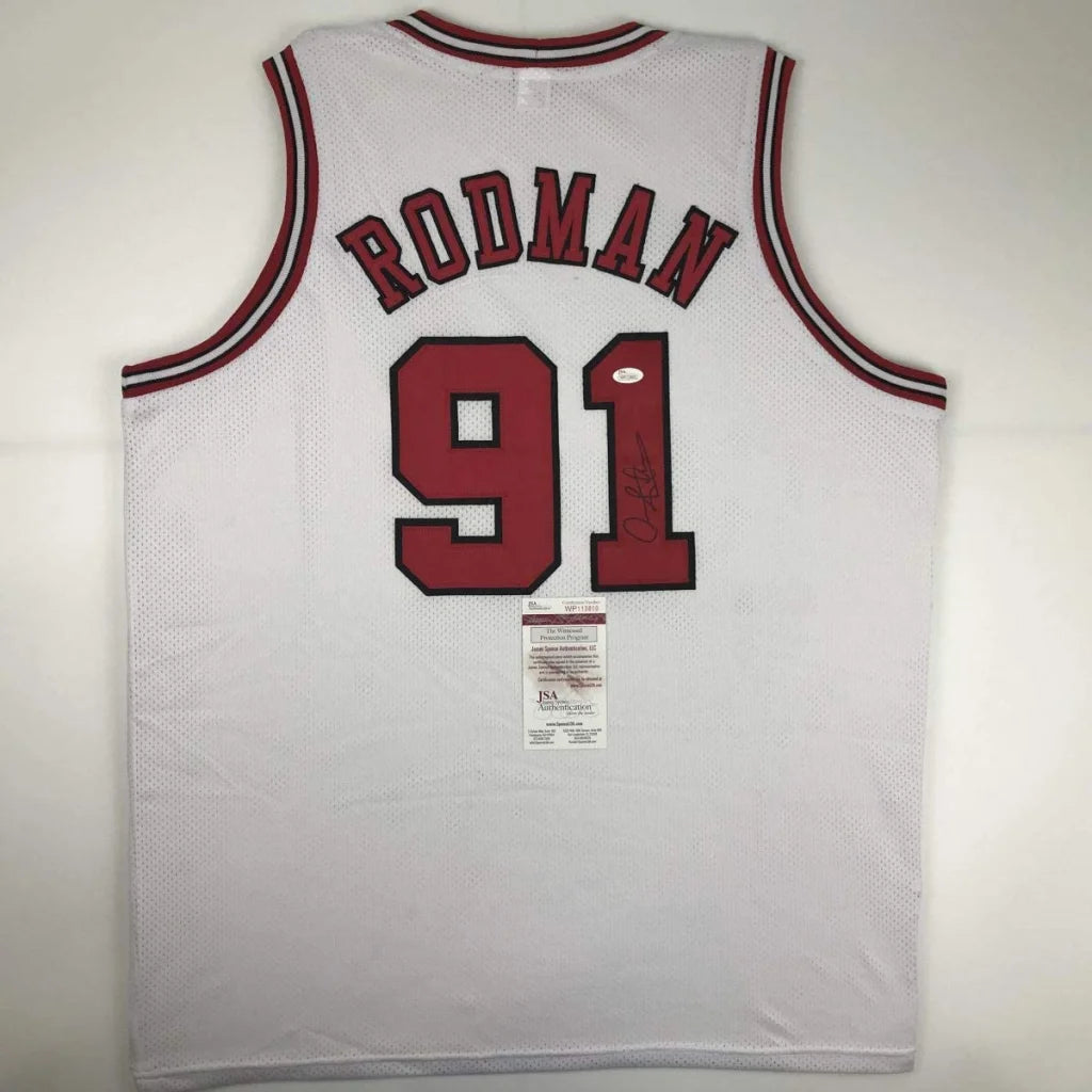 White custom basketball jersey with RODMAN 91 signed, authentic professional sports gear