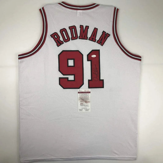 White custom basketball jersey with RODMAN 91 signed, authentic professional sports gear