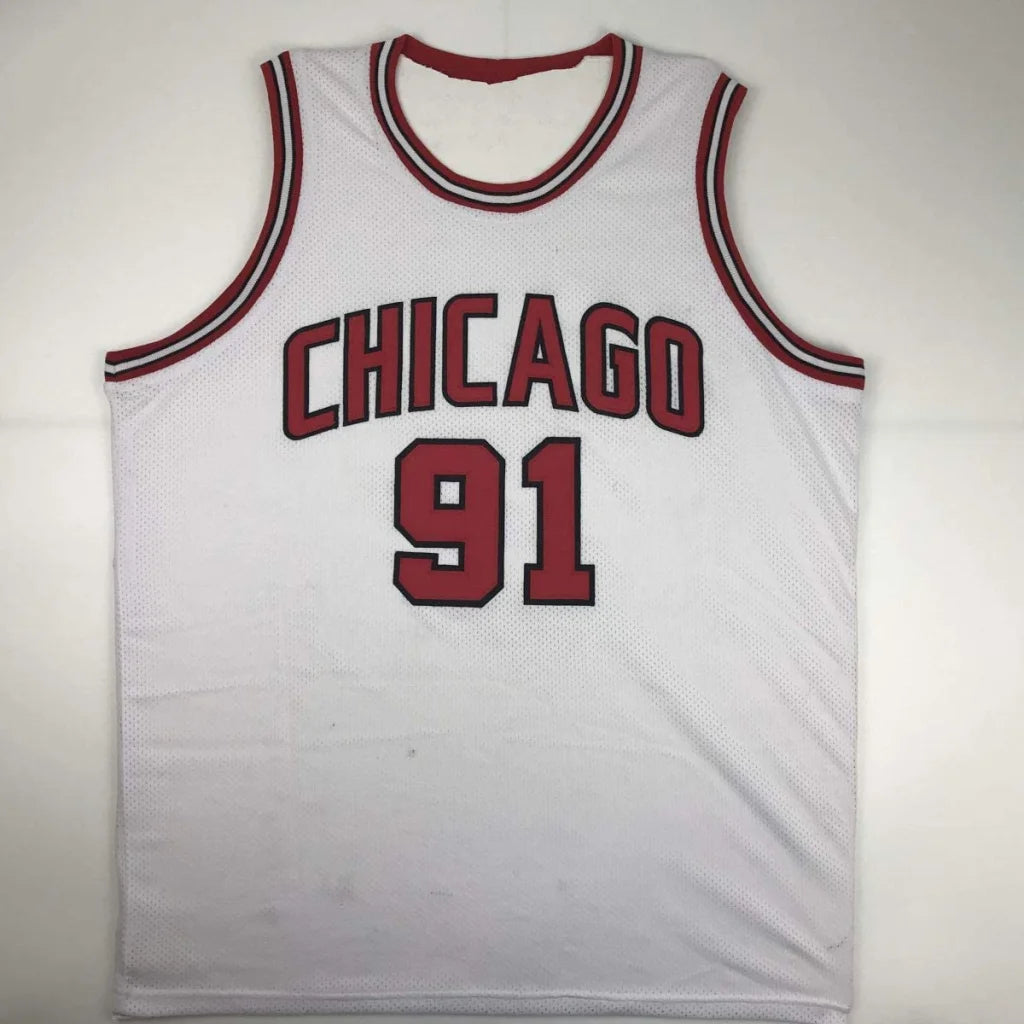 White Chicago Bulls custom jersey with red trim, perfect for sports league fans