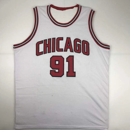 White Chicago Bulls custom jersey with red trim, perfect for sports league fans