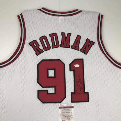 White custom jersey with RODMAN 91 autographed, perfect for pro sports fans