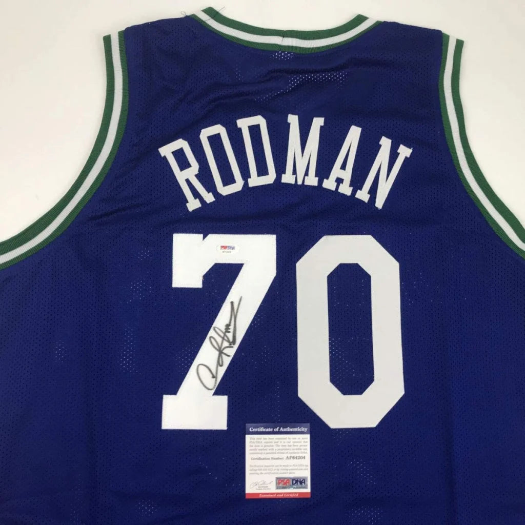 Autographed Dennis Rodman Dallas Blue Basketball Jersey PSA/DNA COA | Certified Authentic Signed Memorabilia | vintageantiquesgifts.com