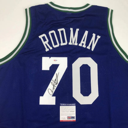 Autographed Dennis Rodman Dallas Blue Basketball Jersey PSA/DNA COA | Certified Authentic Signed Memorabilia | vintageantiquesgifts.com