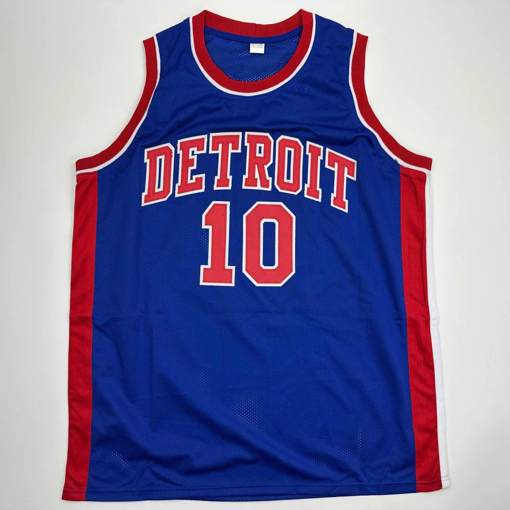 Autographed Dennis Rodman Detroit Pistons custom jersey, number 10, blue with red trim, Beckett COA