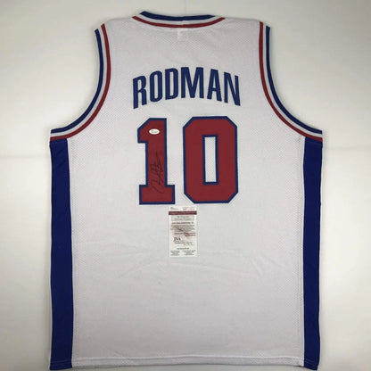 Signed Dennis Rodman Detroit custom jersey with JSA COA, white with blue red accents, number 10