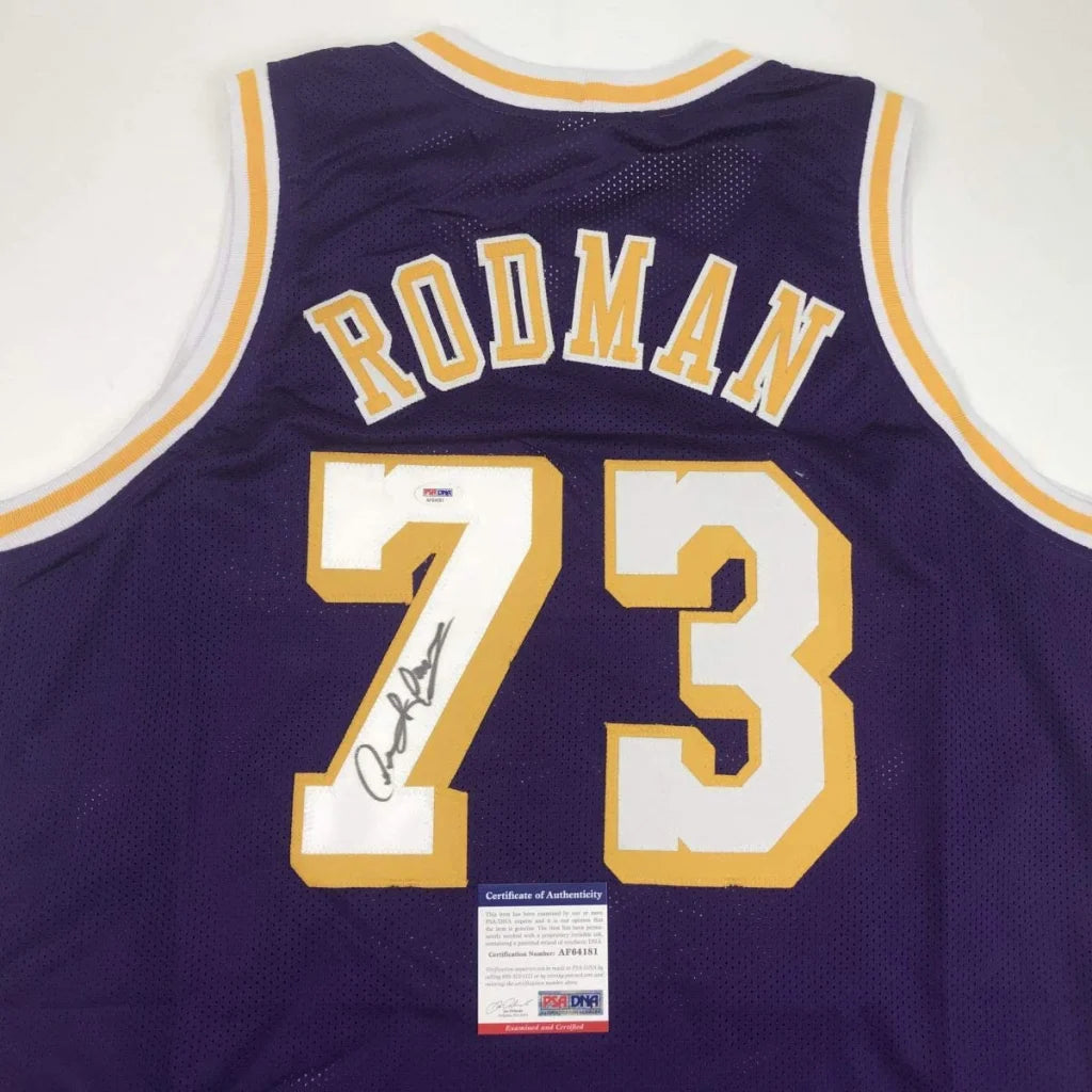 Autographed Dennis Rodman purple Lakers custom jersey with gold accents