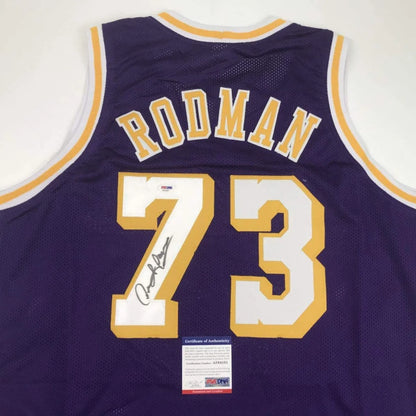 Autographed Dennis Rodman purple Lakers custom jersey with gold accents