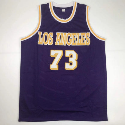 Autographed Dennis Rodman Los Angeles custom jersey in navy blue mesh, number 73
