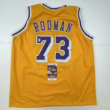 Autographed Dennis Rodman custom jersey in golden mesh with purple Rodman 73 signature