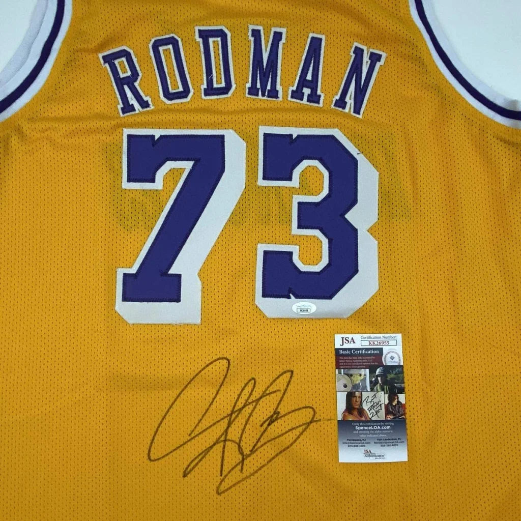 Autographed dennis rodman los angeles lakers yellow custom jersey with number 73 and signature from professional sports league