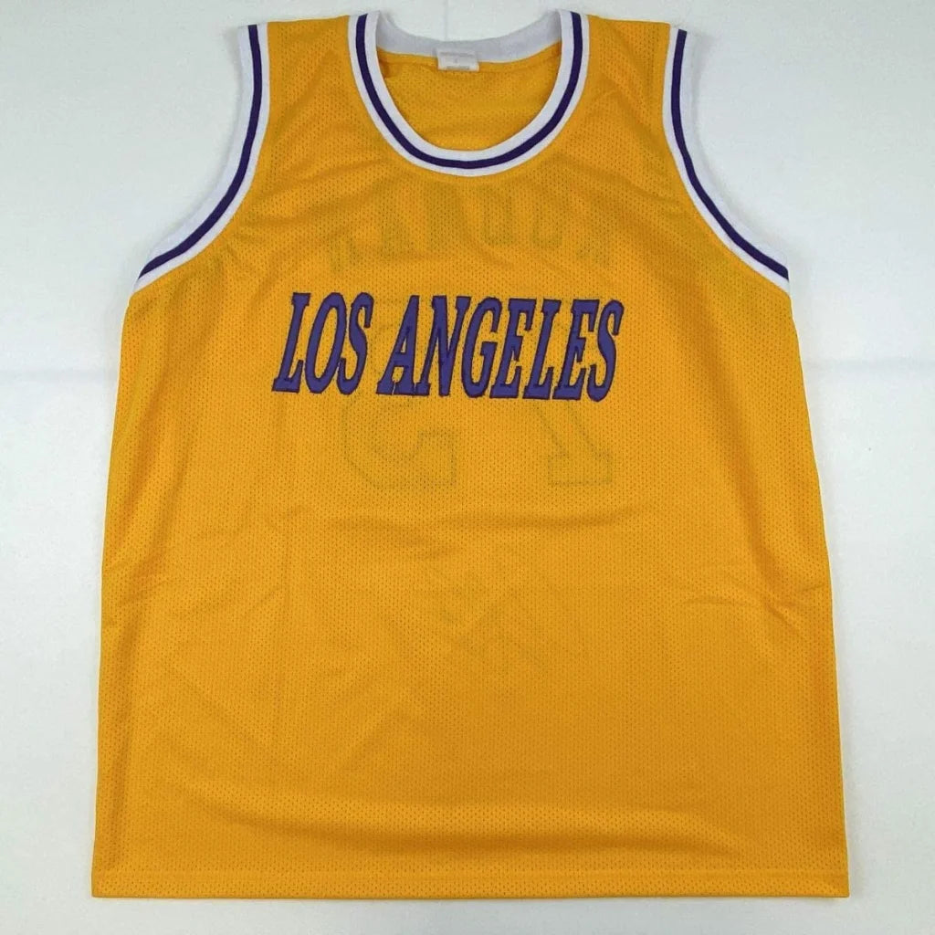 Autographed dennis rodman custom los angeles yellow basketball jersey with purple lettering and white trim for professional sports league