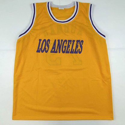 Autographed dennis rodman custom los angeles yellow basketball jersey with purple lettering and white trim for professional sports league