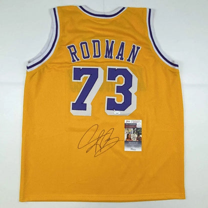 Autographed dennis rodman custom gold mesh basketball jersey with purple 73 and signature in professional sports league style