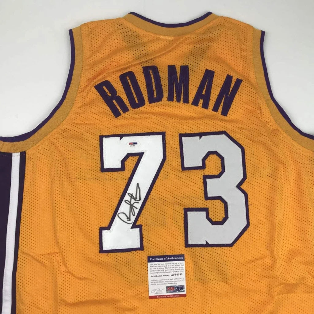 Autographed Dennis Rodman yellow custom jersey back, Rodman 73, PSA/DNA COA