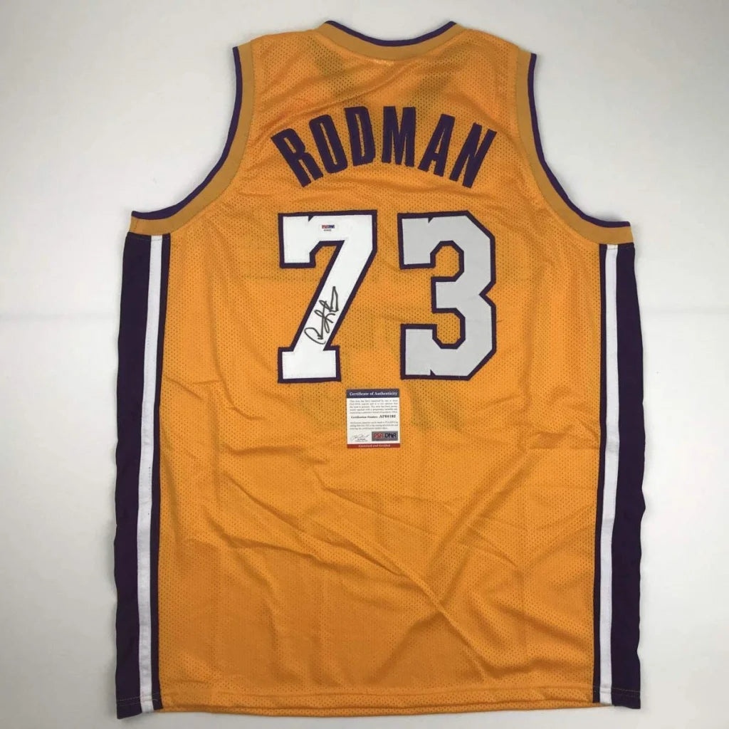 Autographed Dennis Rodman yellow custom jersey back, Rodman 73, PSA/DNA