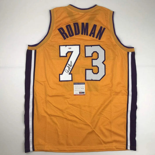 Autographed Dennis Rodman yellow custom jersey back, Rodman 73, PSA/DNA