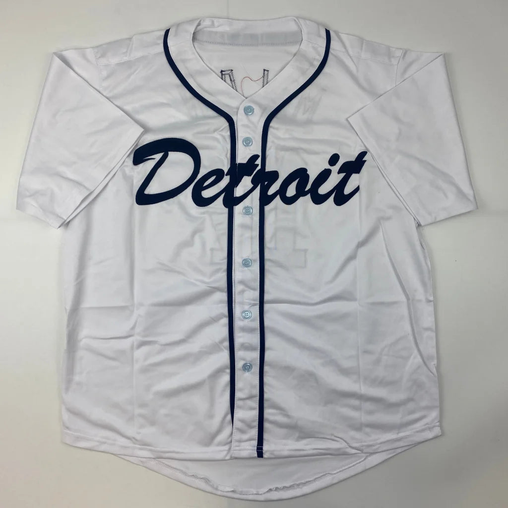 White short-sleeved baseball jersey with dark blue piping and Detroit embroidery for professional sports fans