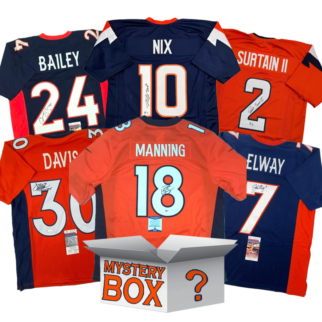 Denver football jersey mystery box with autographed jerseys and Beckett COA guaranteed