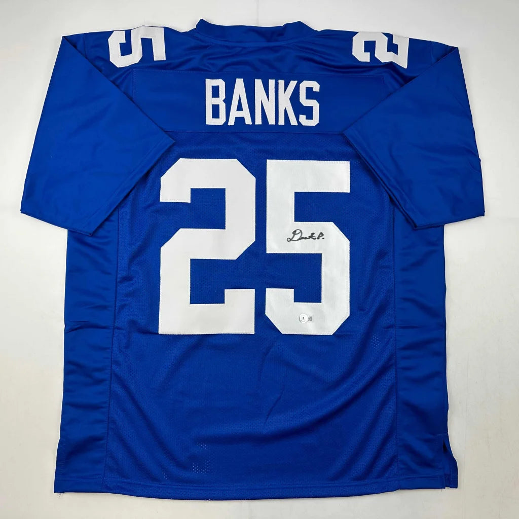 Autographed Deonte Banks New York Blue Football Jersey Beckett BAS COA | Hall of Fame Sports Memorabilia | vintageantiquesgifts.com