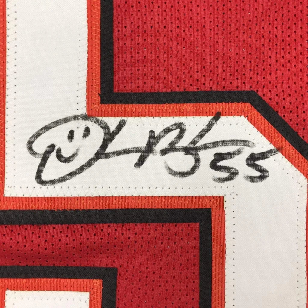 Autographed derrick brooks tampa bay red custom jersey with black ink signature and smiley doodle on white mesh material