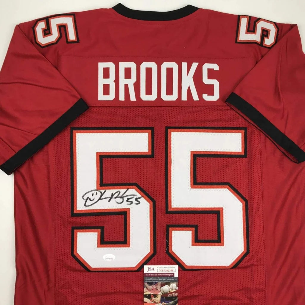 Back view of custom red derrick brooks tampa bay football jersey with white and black trim and bold number 55 professional sports league autographed