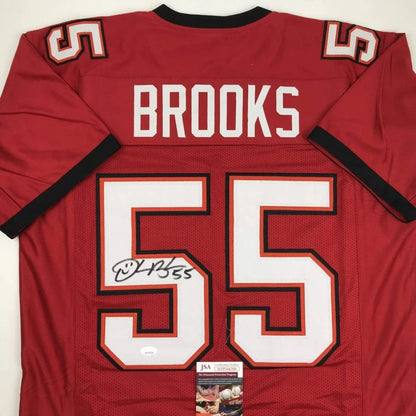 Back view of custom red derrick brooks tampa bay football jersey with white and black trim and bold number 55 professional sports league autographed
