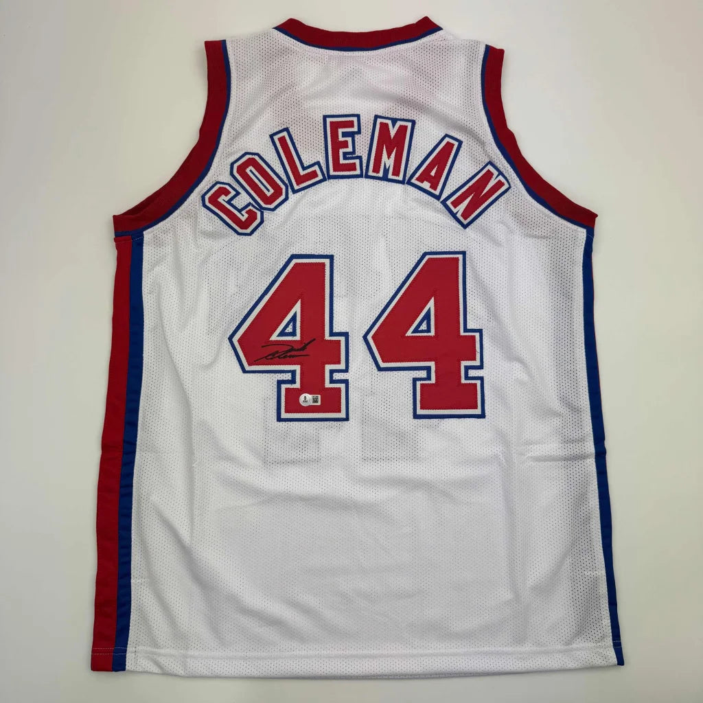 Autographed Derrick Coleman custom jersey, white mesh with red blue trim, number 44, professional sports league