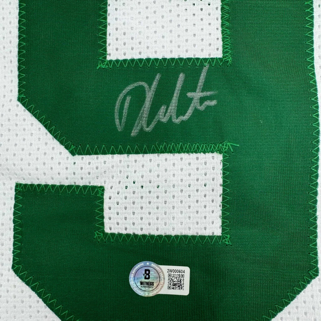 Autographed green and white mesh custom jersey number 9 with silver autograph from professional sports league player derrick white